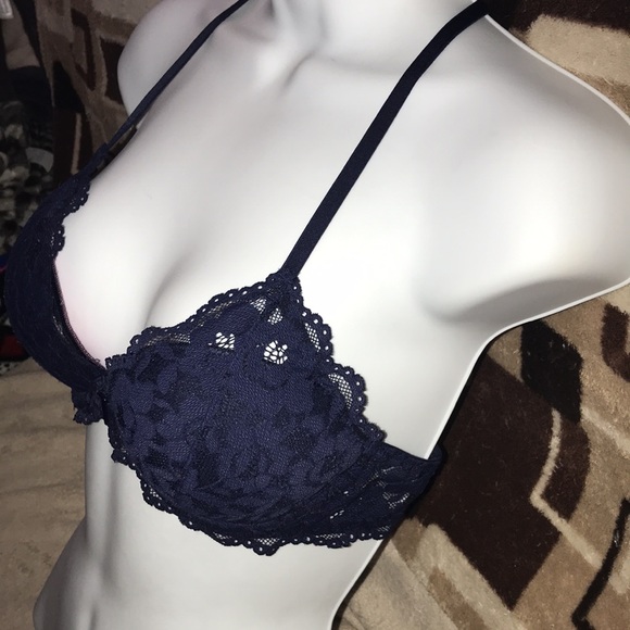 Pink Victoria’s Secret dark blue lace padded push up bra front closure 34B 💕 - Picture 3 of 6